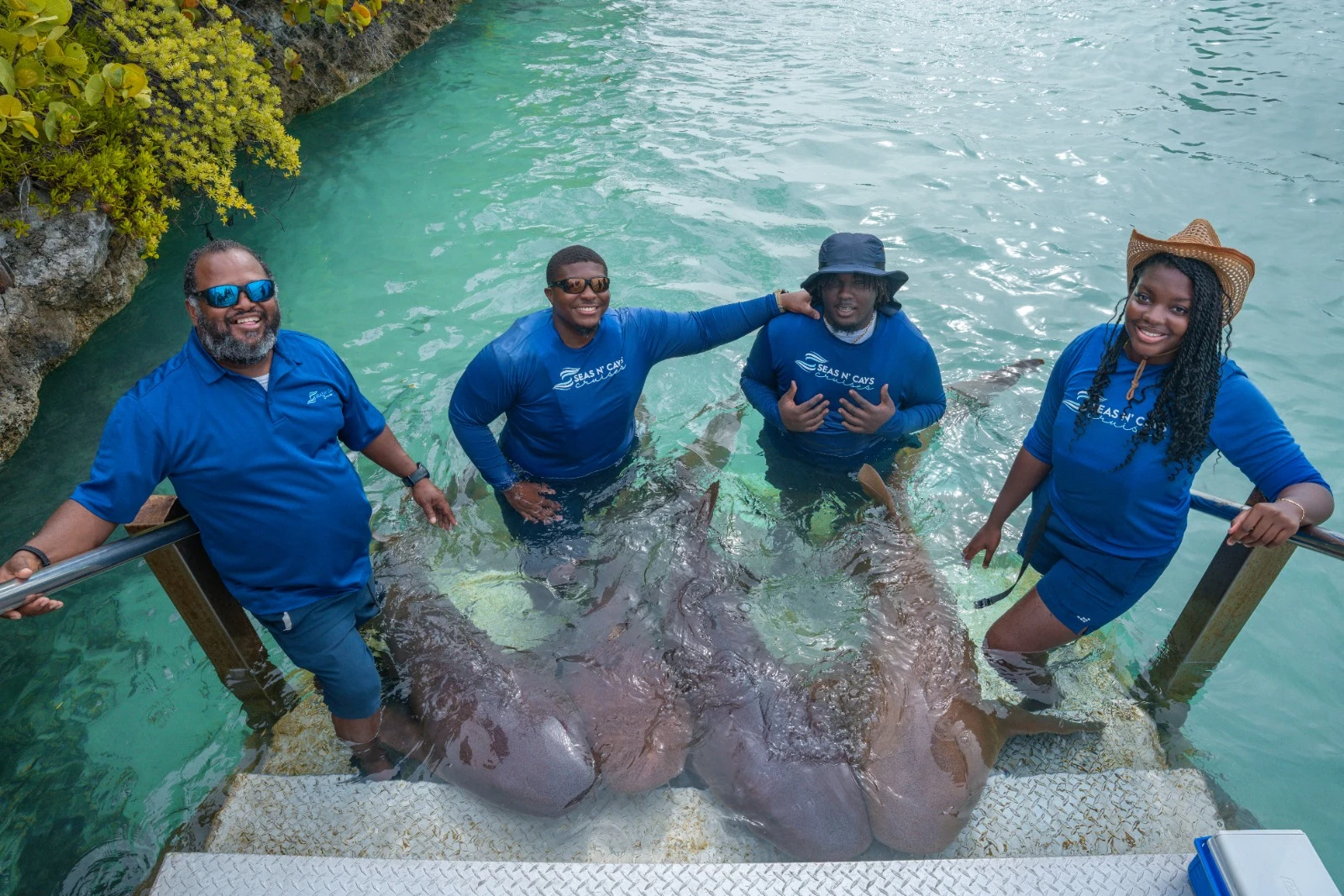 Seas N' Cays crew standing in turquoise water alongside nurse sharks
