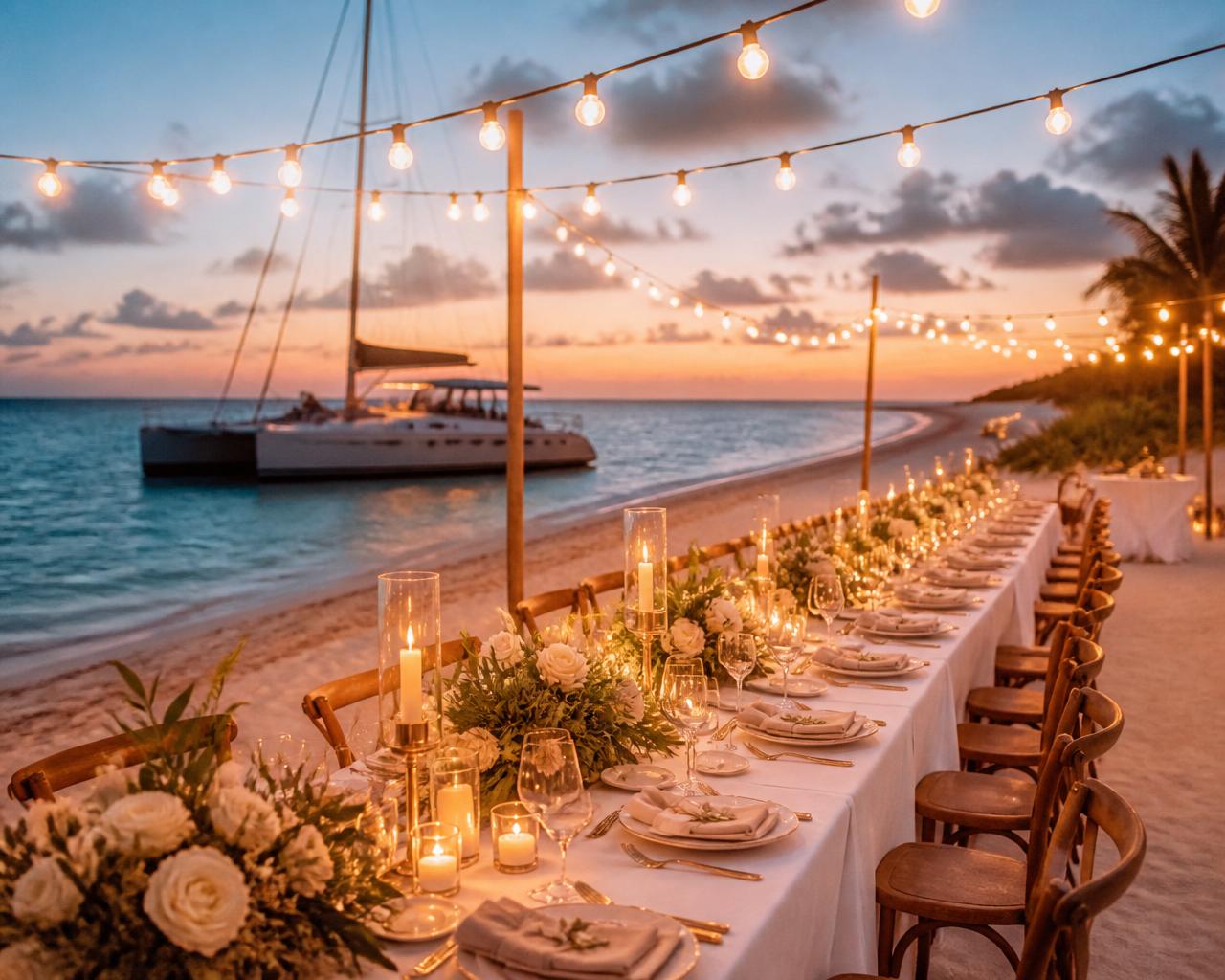 Wedding reception set up on the deck of a catamaran in Nassau, Bahamas