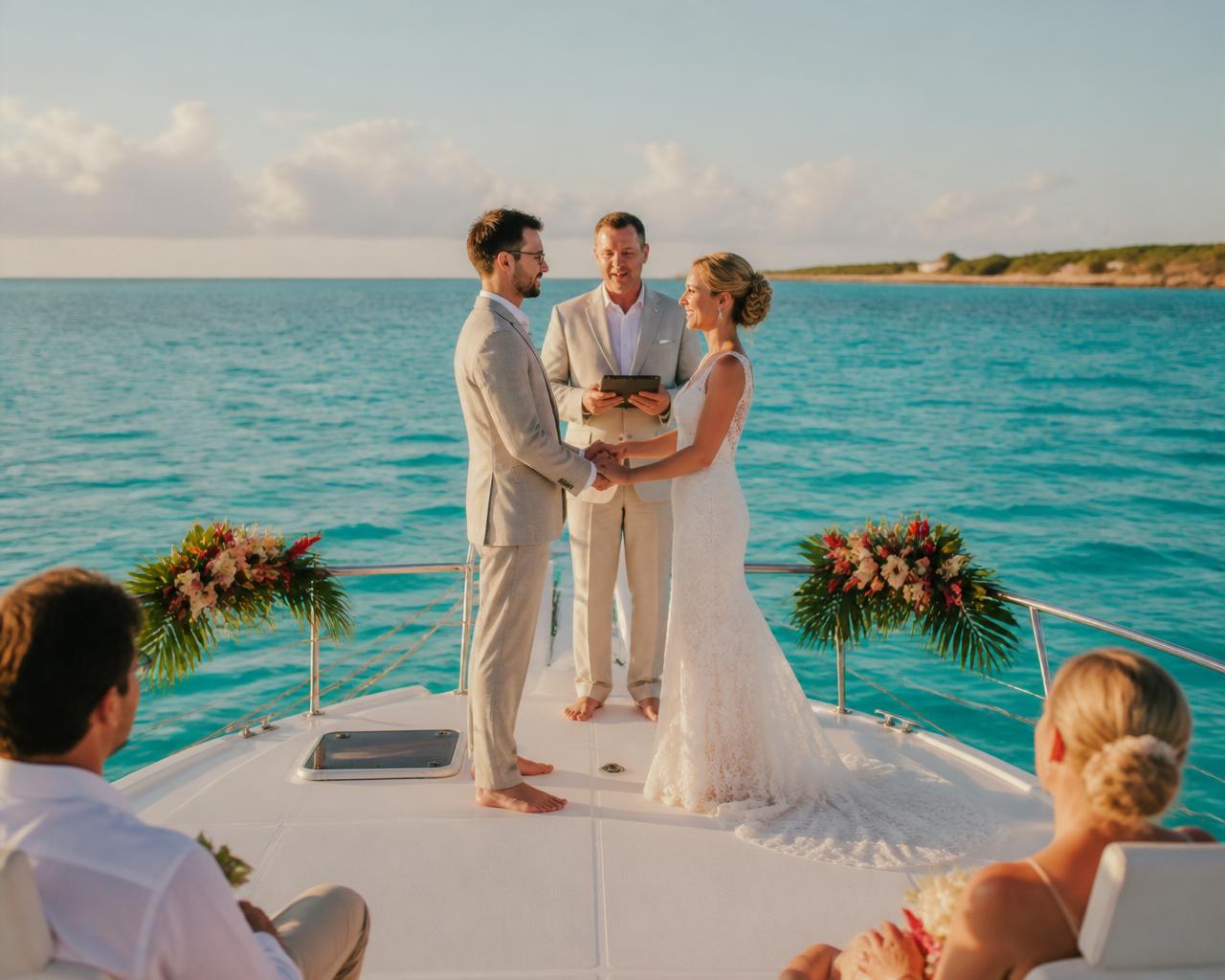 Couple exchanging vows on a Bahamian beach beside the catamaran at Rose Island