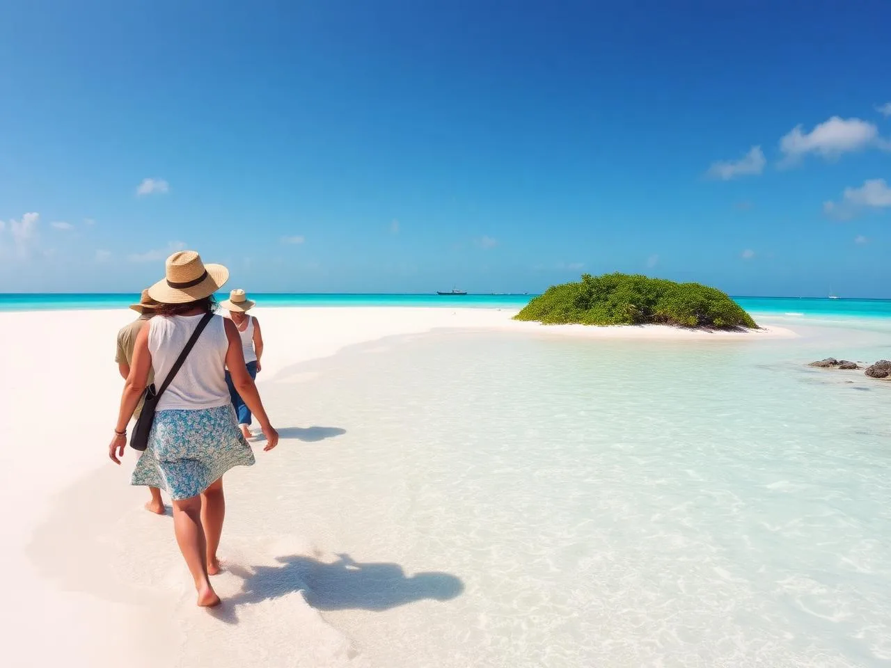 Small group walking along an empty white-sand beach on Rose Island
