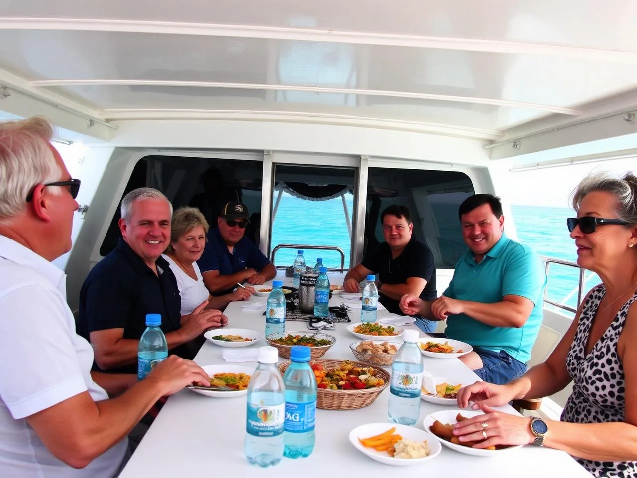 Buffet lunch laid out on the shaded deck of the catamaran for a group