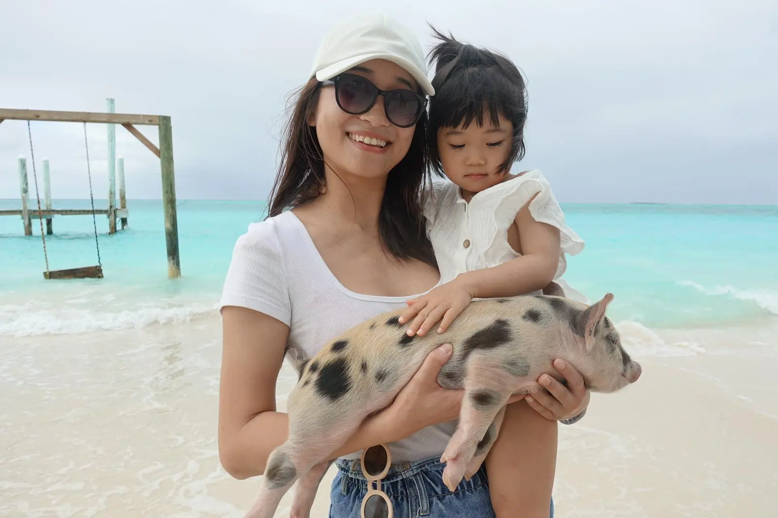 Guests wading with the famous swimming pigs at Rose Island, Nassau