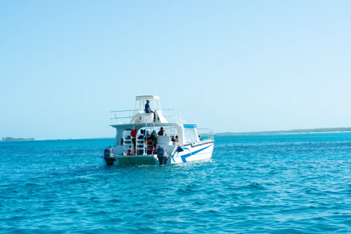 The Seas N' Cays catamaran on the water off Nassau before a wedding ceremony