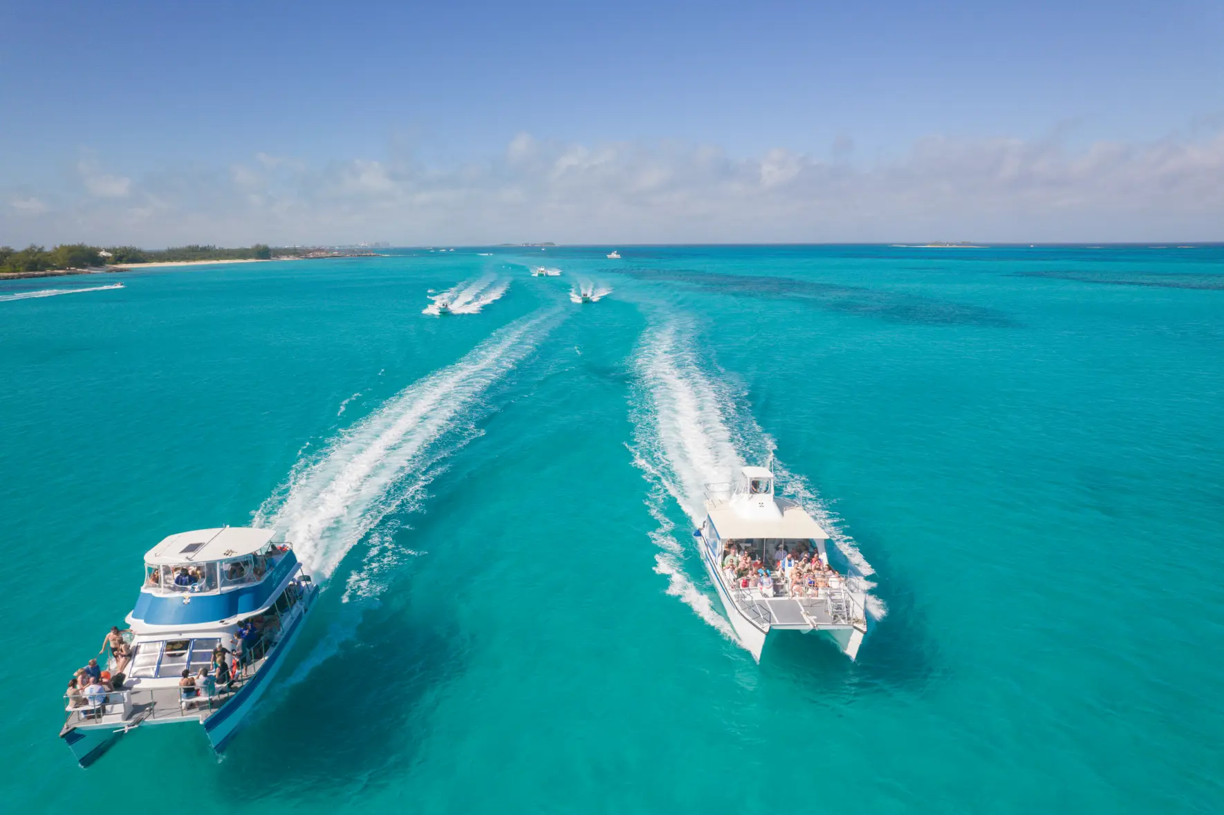 Aerial view of Nassau harbour and the surrounding turquoise Bahamian water