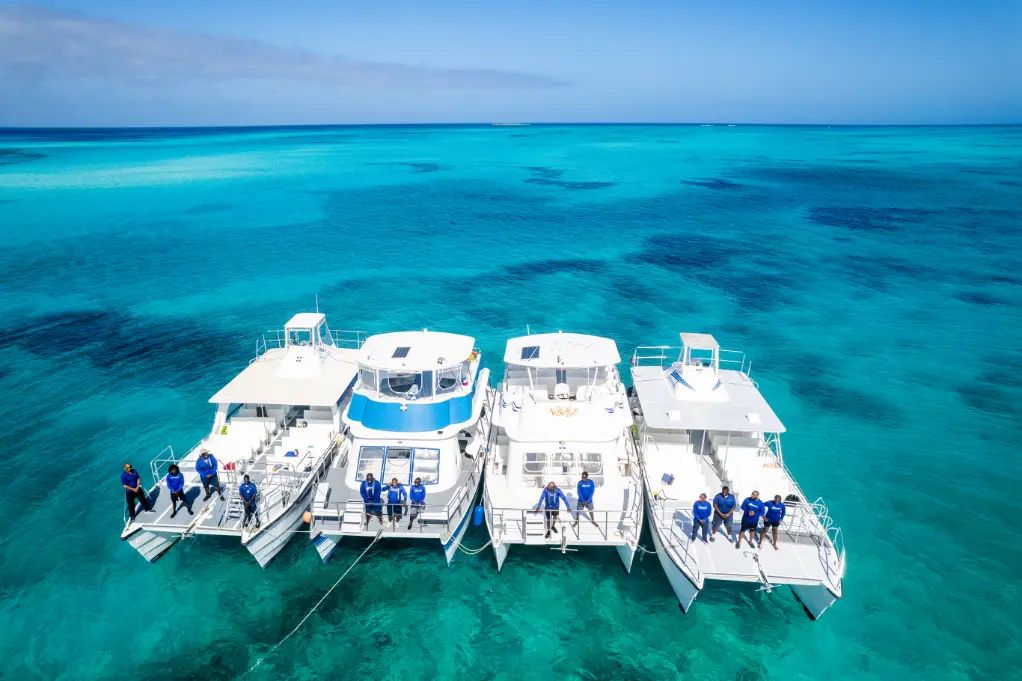 Two Seas N' Cays catamarans anchored side by side over turquoise Bahamian water